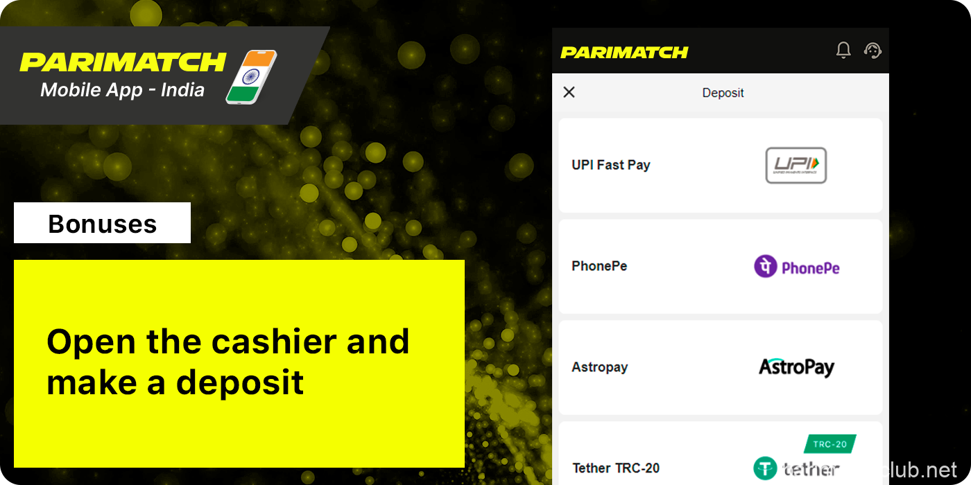 Top up your account to start using Parimatch App Bonuses
