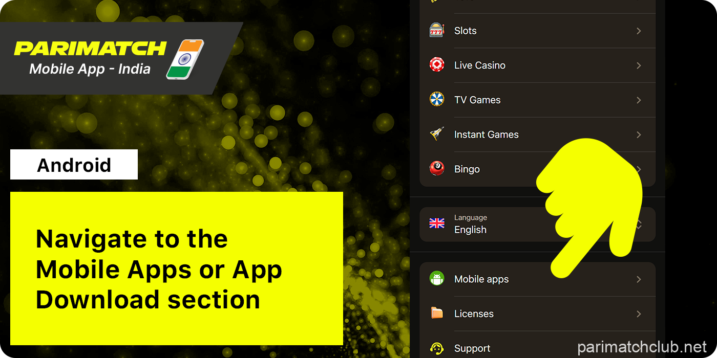 Find 'Apps' page at Parimatch Website