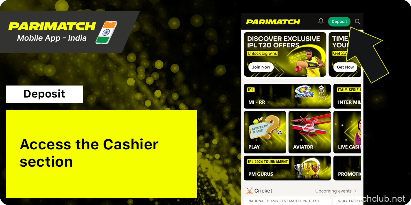 Access Parimatch App Payments page to start deposit process