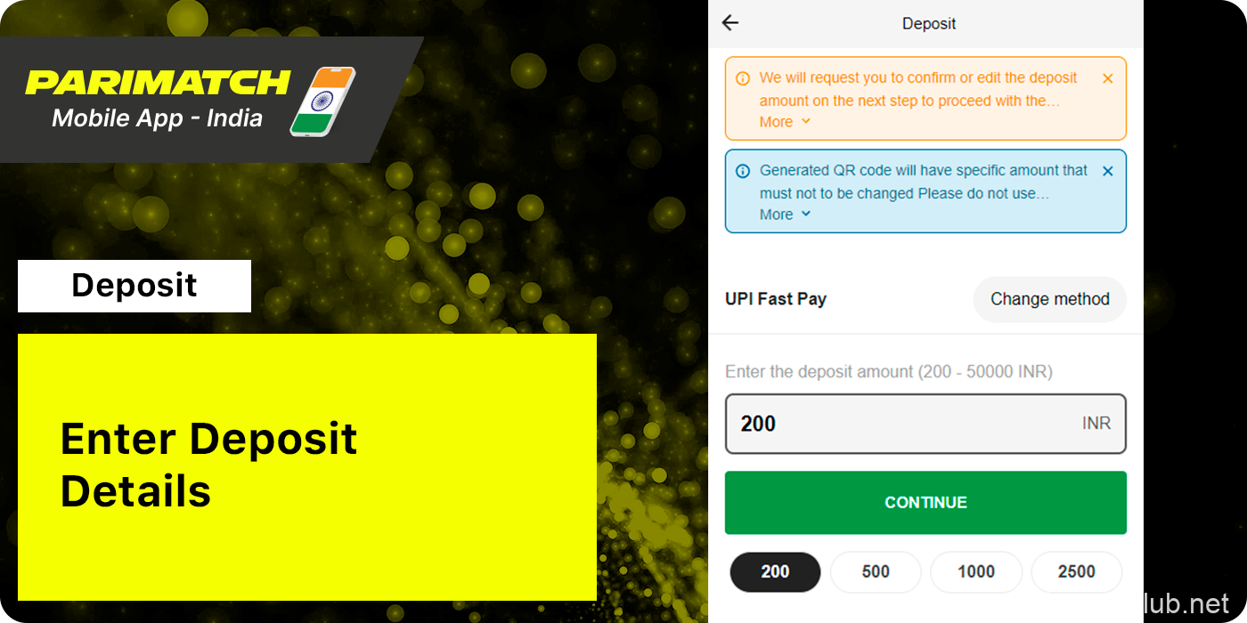 Enter deposit details - Amount and other info - Parimatch App India