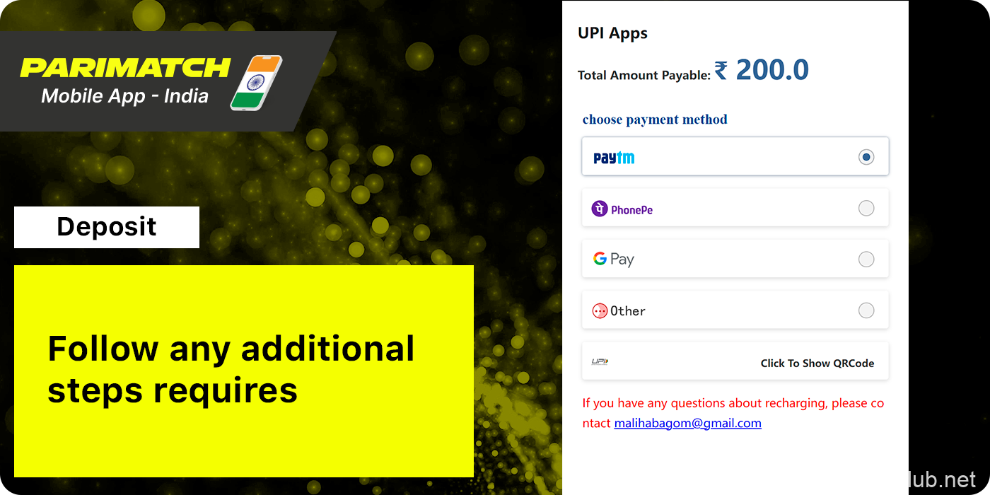 Follow any additional payment steps - Parimatch App