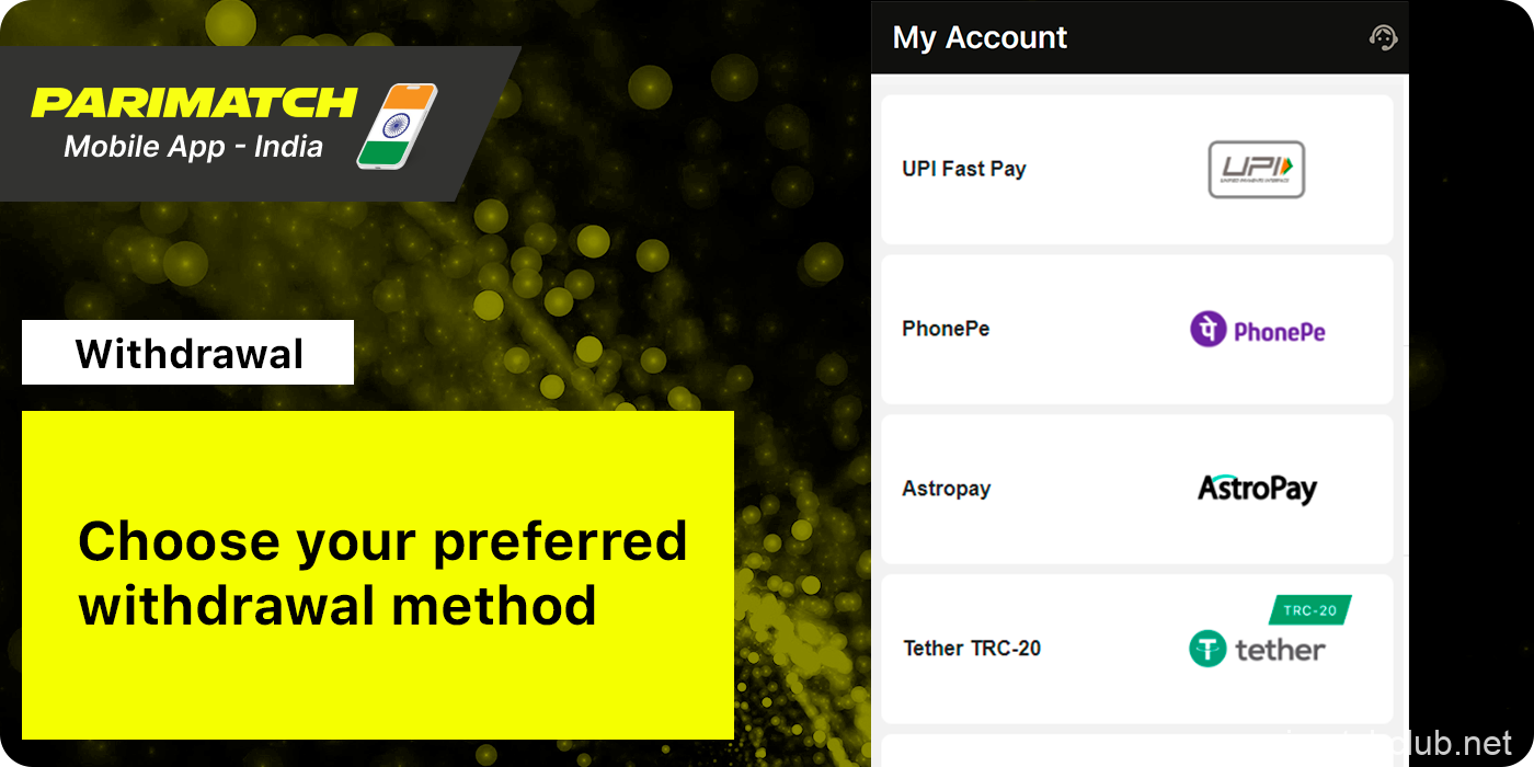 Select one of the withdrawal methods - Parimatch App India