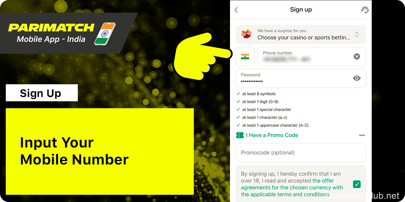 Input your Phone Number - Parimatch App India Registration