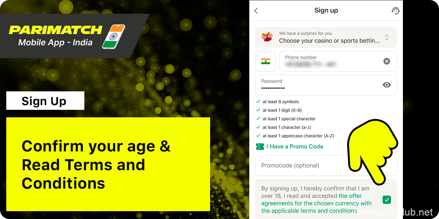 Confirm Your Age and Terms and Conditions - Parimatch App Registration