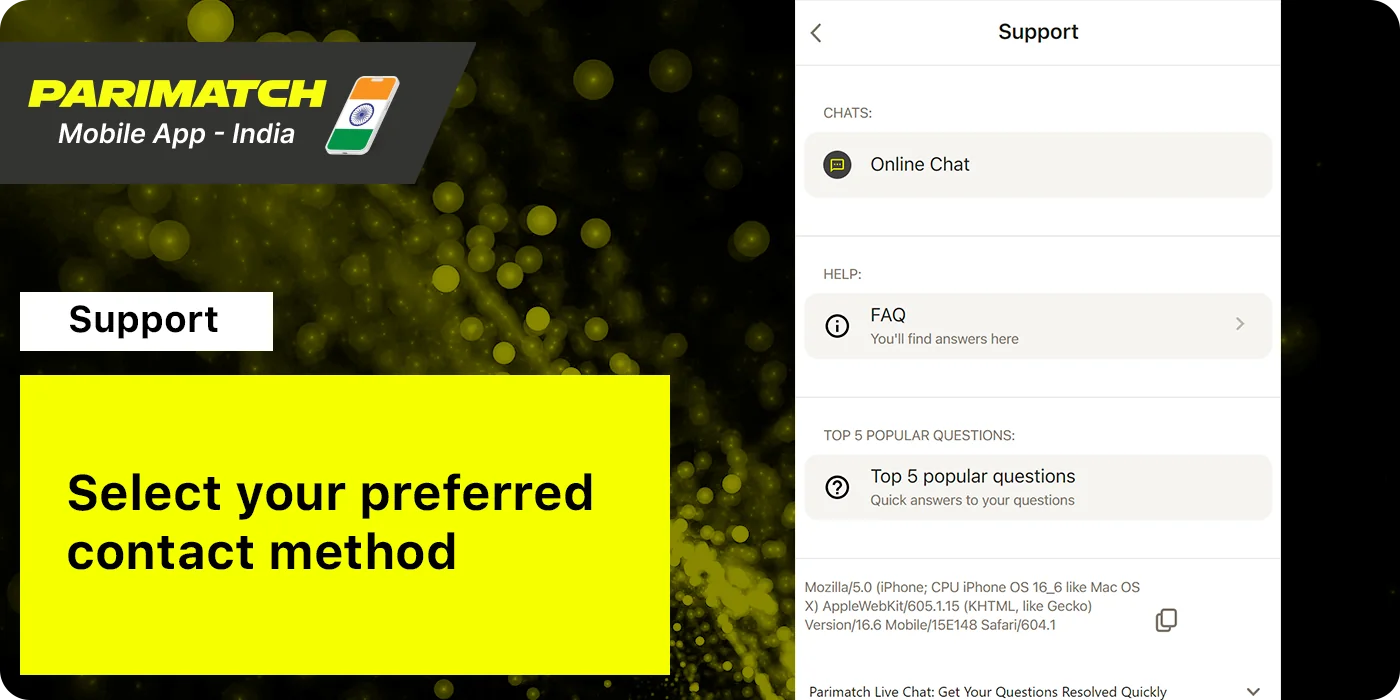 Select the contact method you like - Parimatch App India